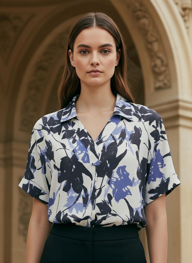 Globus Women Blue Floral Print Collared V-Neck Extended Sleeves Pleated Detail Top - Image 1